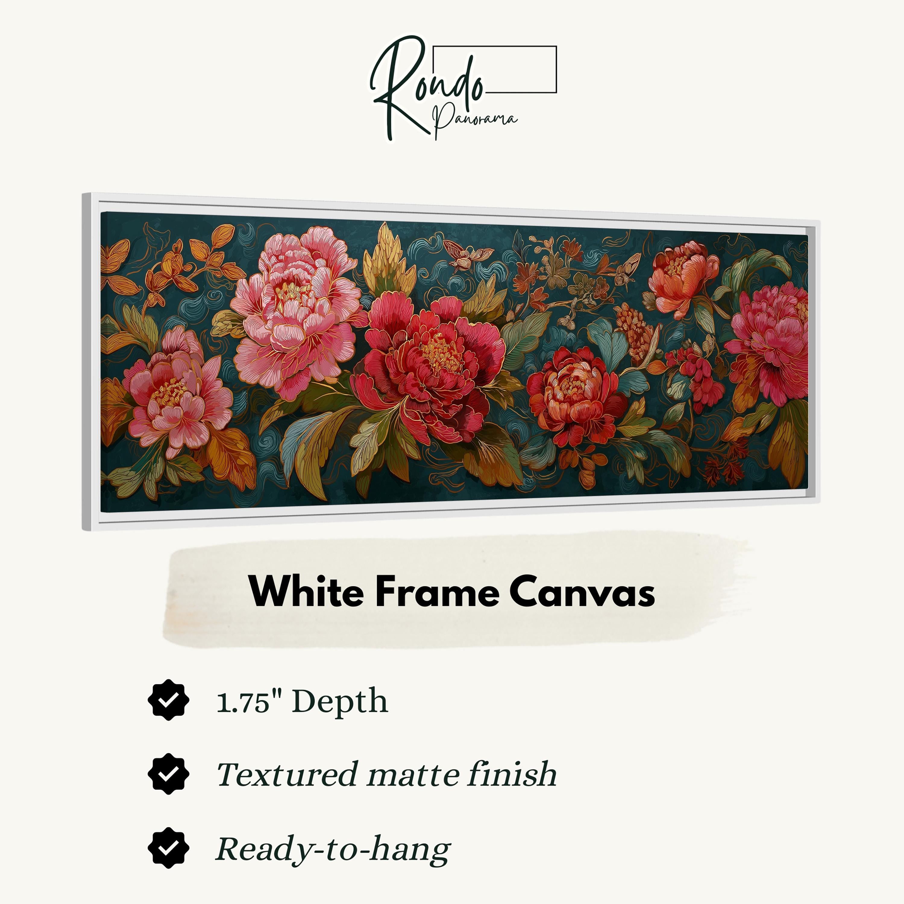 a white frame canvas with a floral design in shades of pink and red. The frame has a 1.75" depth and is textured with a matte finish. It is ready to hang and is described as a "White Frame Canvas".