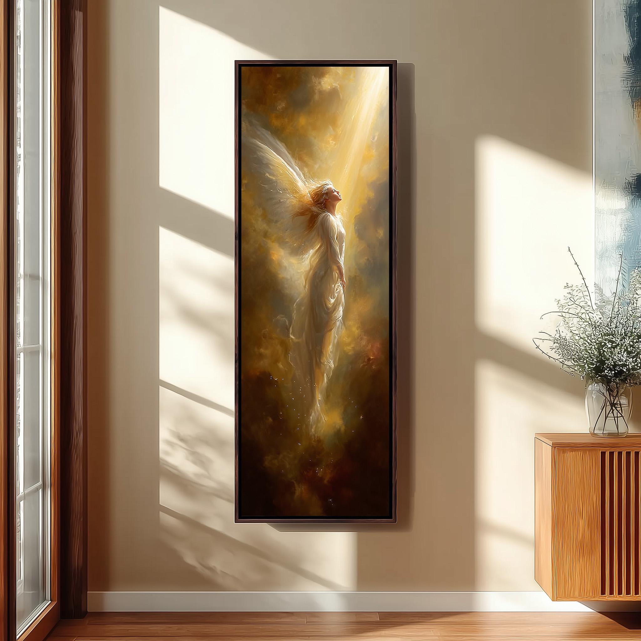 a large, framed painting of a woman with wings, standing in a room with sunlight streaming in from a window.