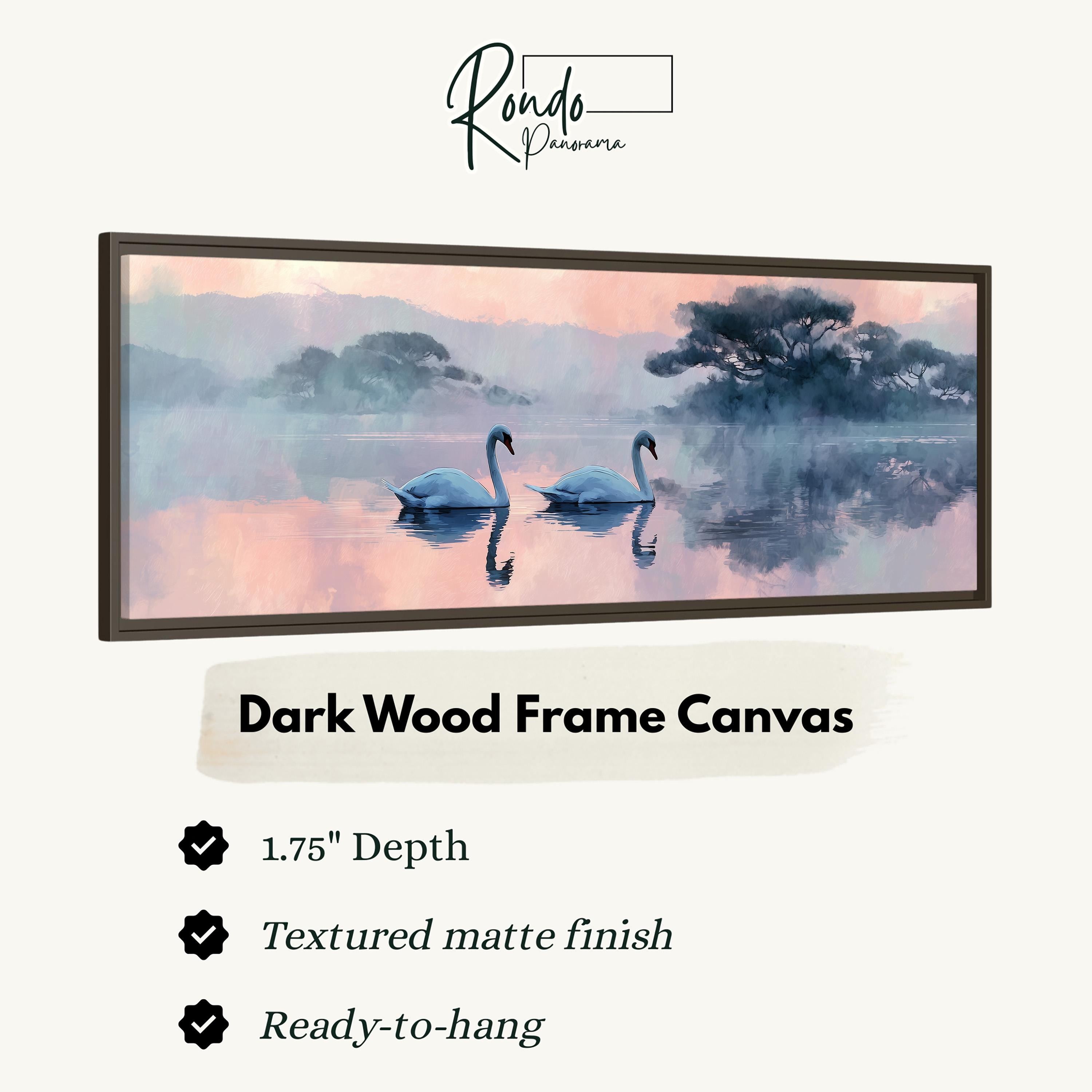 The image is a framed painting depicting two swans swimming in a misty, serene landscape.