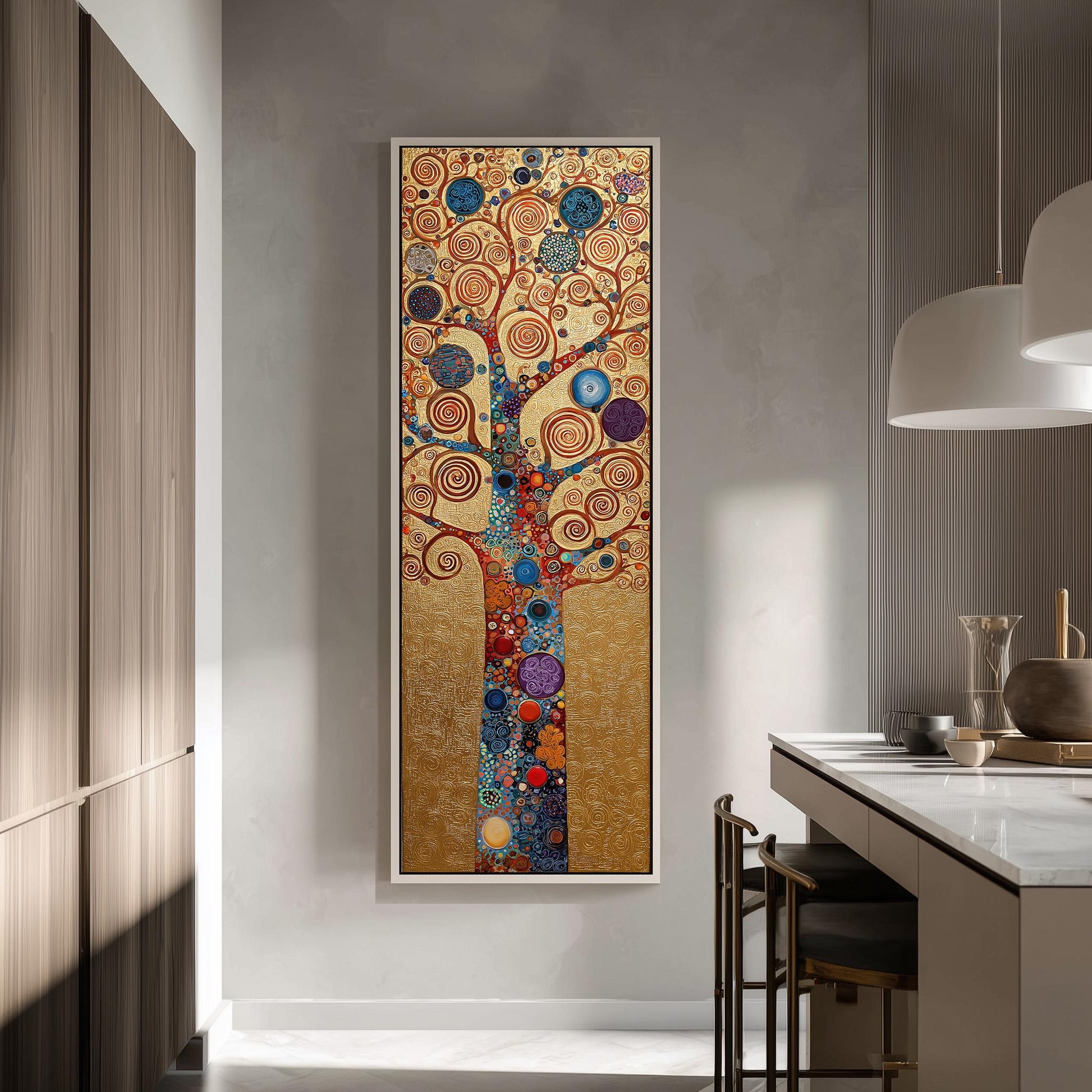 a large, colorful abstract painting of a tree hanging on a wall in a modern, minimalist kitchen.