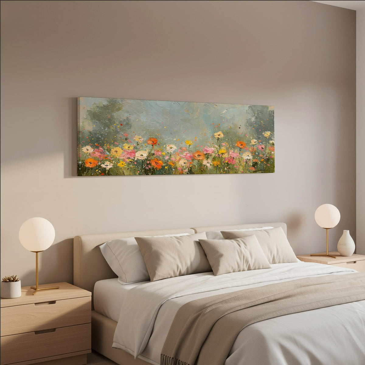 Impressionist wildflower meadow wide panoramic canvas print above a bed in a neutral bedroom