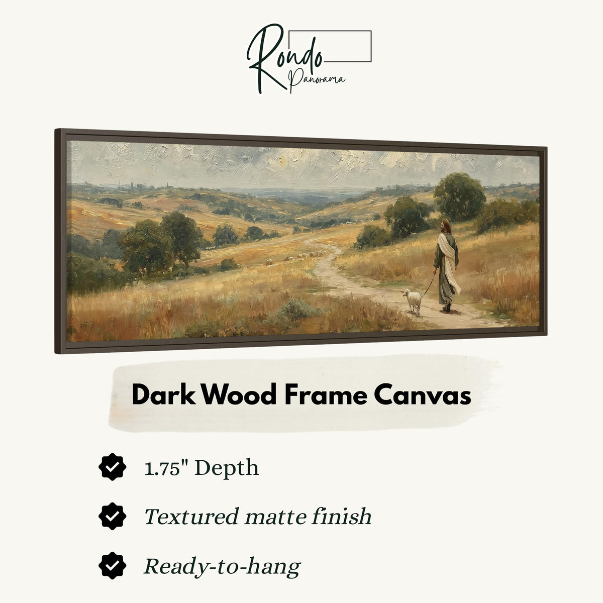 Jesus walking with a sheep on a golden hillside canvas print in a dark wood floating frame