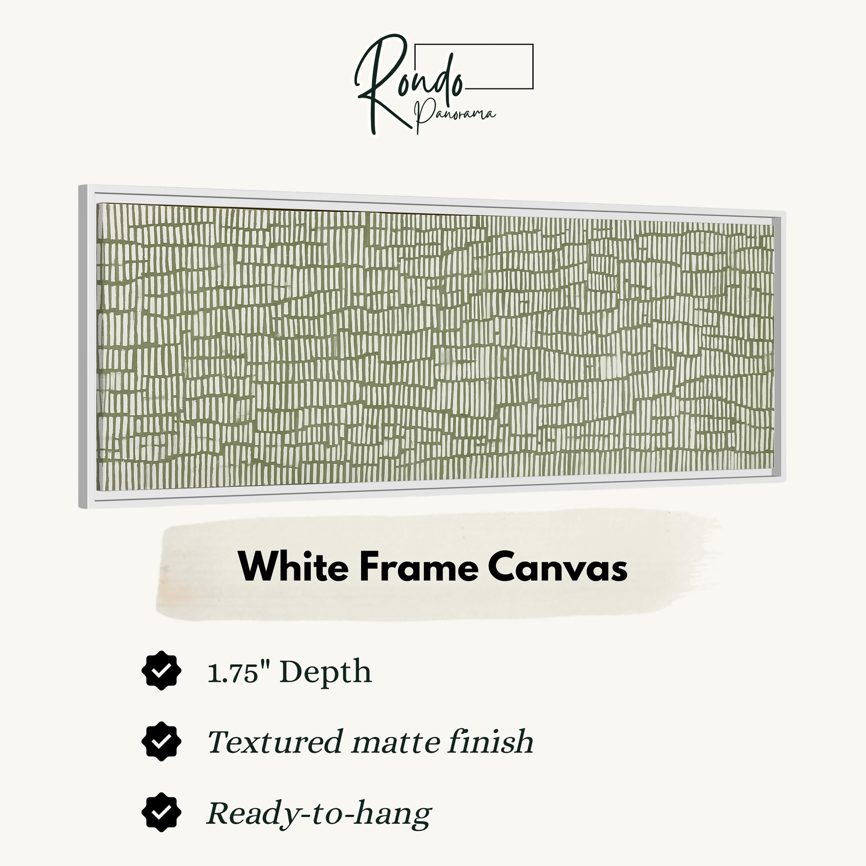 The image is a product description for a white frame canvas. It features a 1.75" depth, a textured matte finish, and is ready-to-hang.