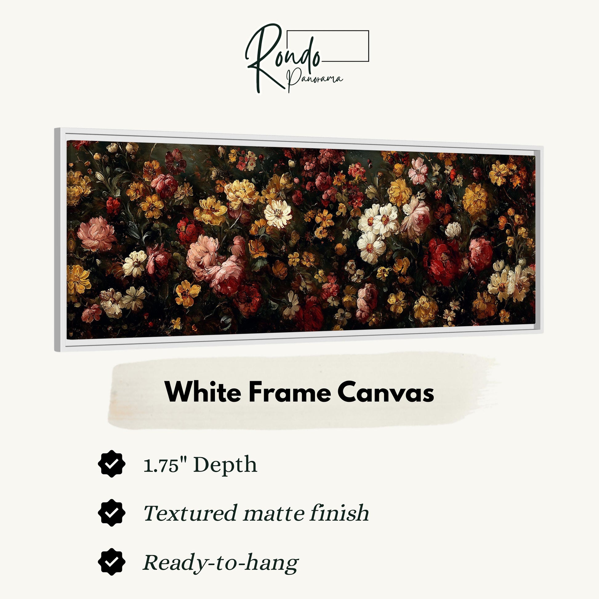 The image is a framed artwork depicting a vibrant floral arrangement with various colors and textures.