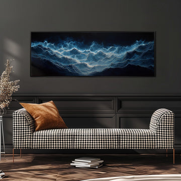 a black and white checkered sofa with a brown throw pillow, set against a dark wall with a large framed painting depicting a stormy ocean scene above it.