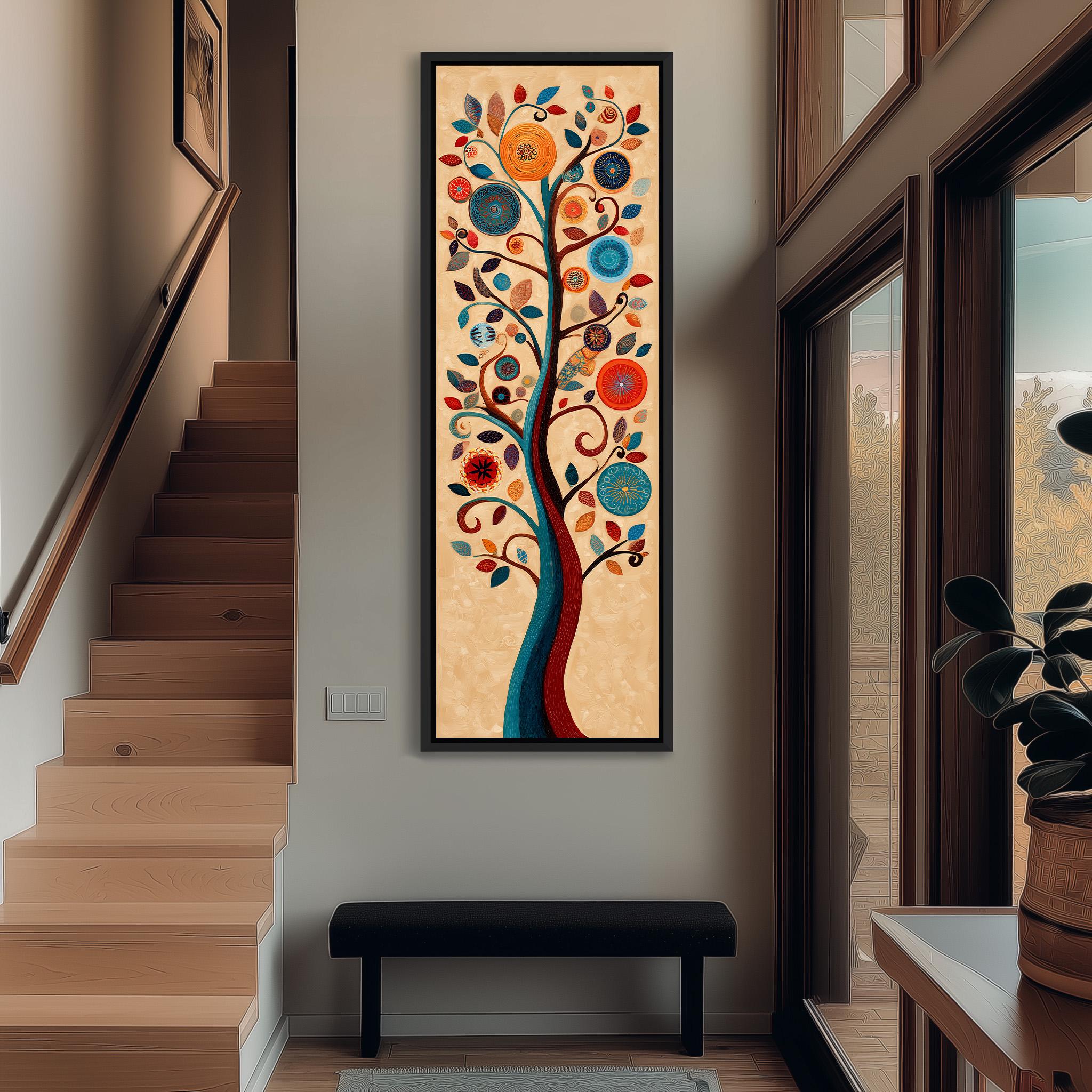 a large, colorful painting of a tree hanging on the wall of a hallway. The painting is framed and appears to be a decorative piece in the space.