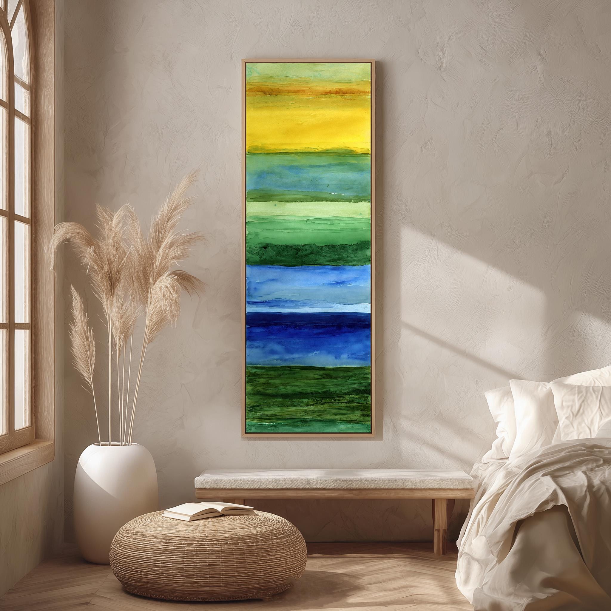 a modern bedroom with a large, colorful abstract painting hanging on the wall above a wooden bench. The painting has a vibrant yellow, green, blue, and white color scheme, creating a lively and energetic atmosphere in the room.