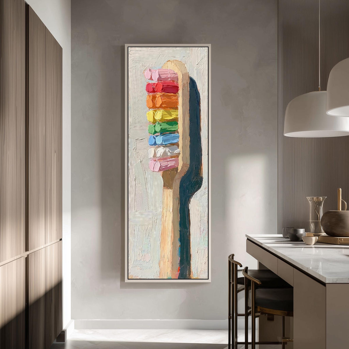 Toothbrush with rainbow toothpaste tall skinny canvas print in a modern kitchen