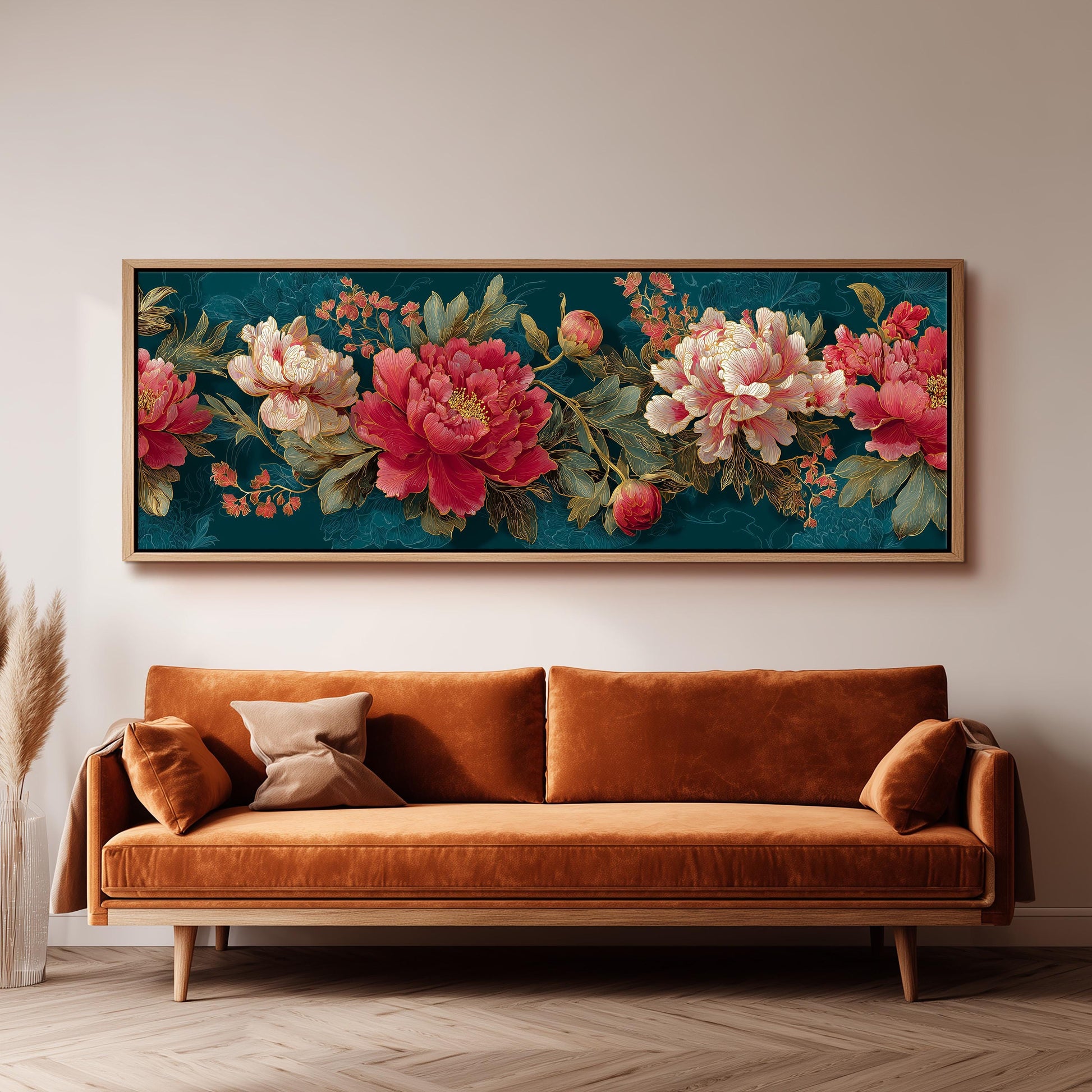 a large floral print hanging on a wall above a brown sofa.