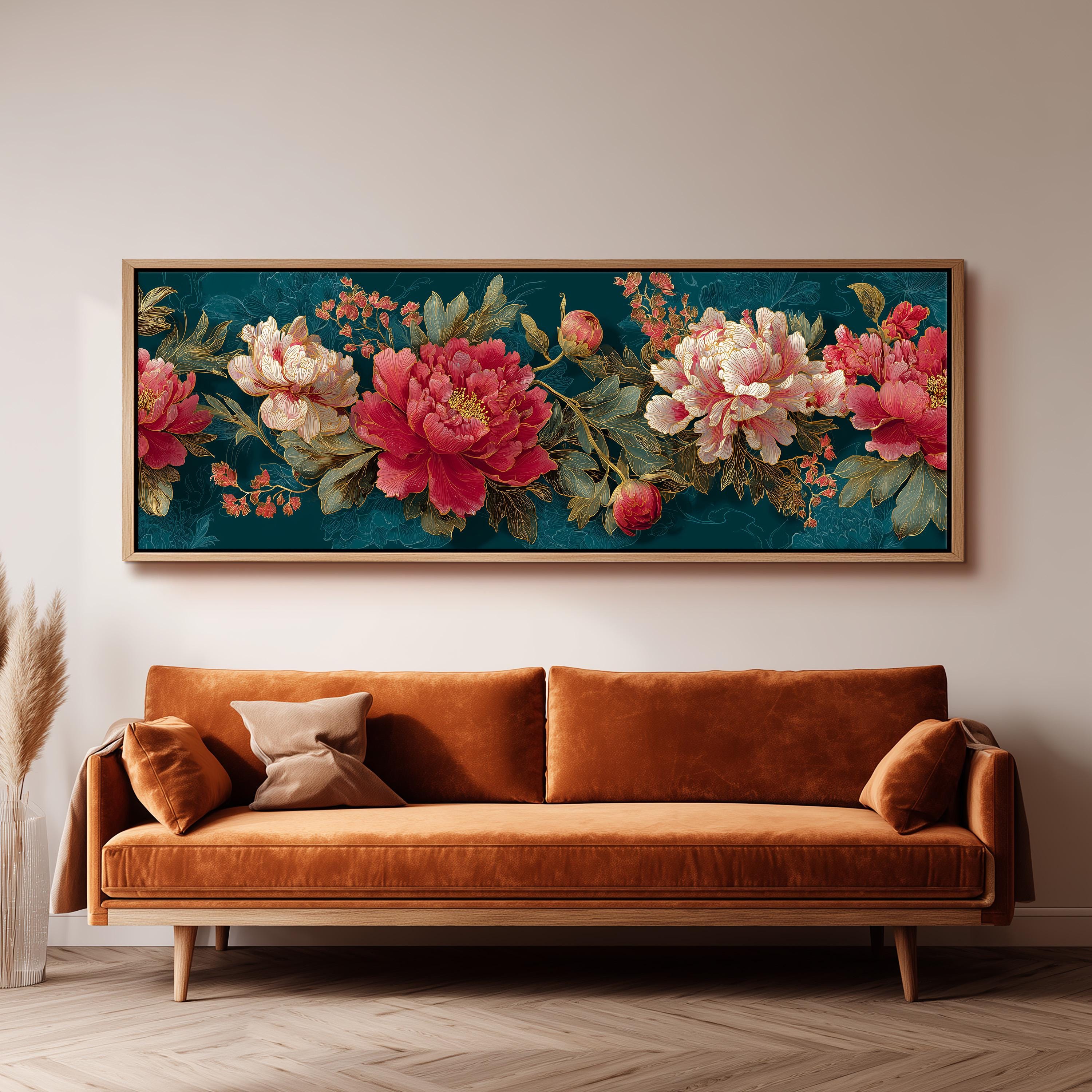 a large floral print hanging on a wall above a brown sofa.
