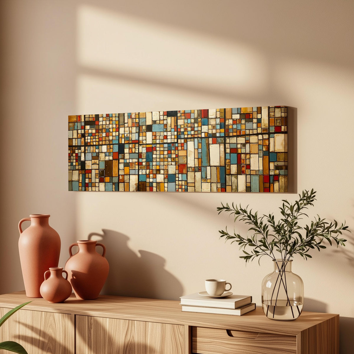 Earth tone mosaic grid in blue and ochre long horizontal canvas print above a wooden sideboard