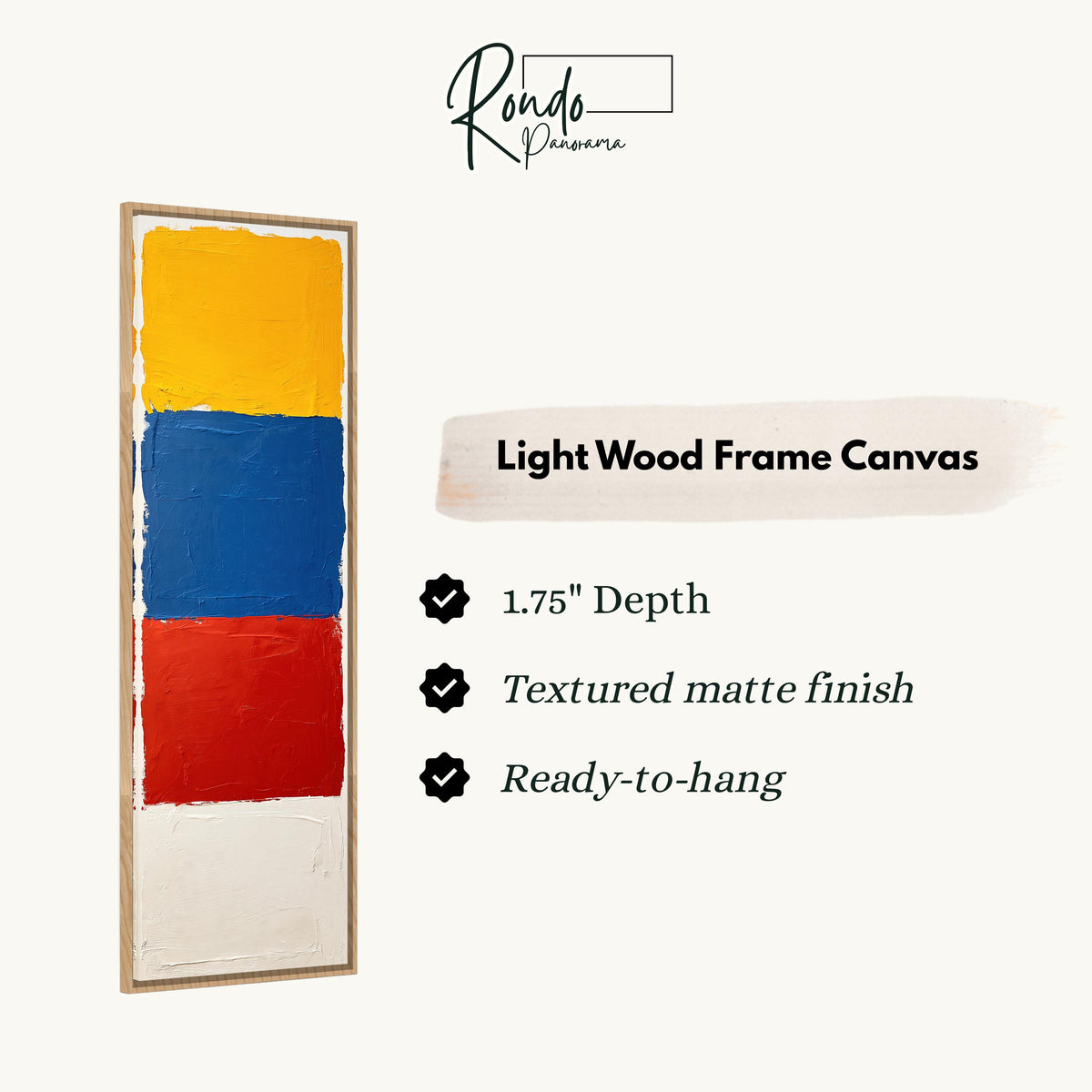 Color field blocks in yellow, blue and red canvas print in a light wood floating frame
