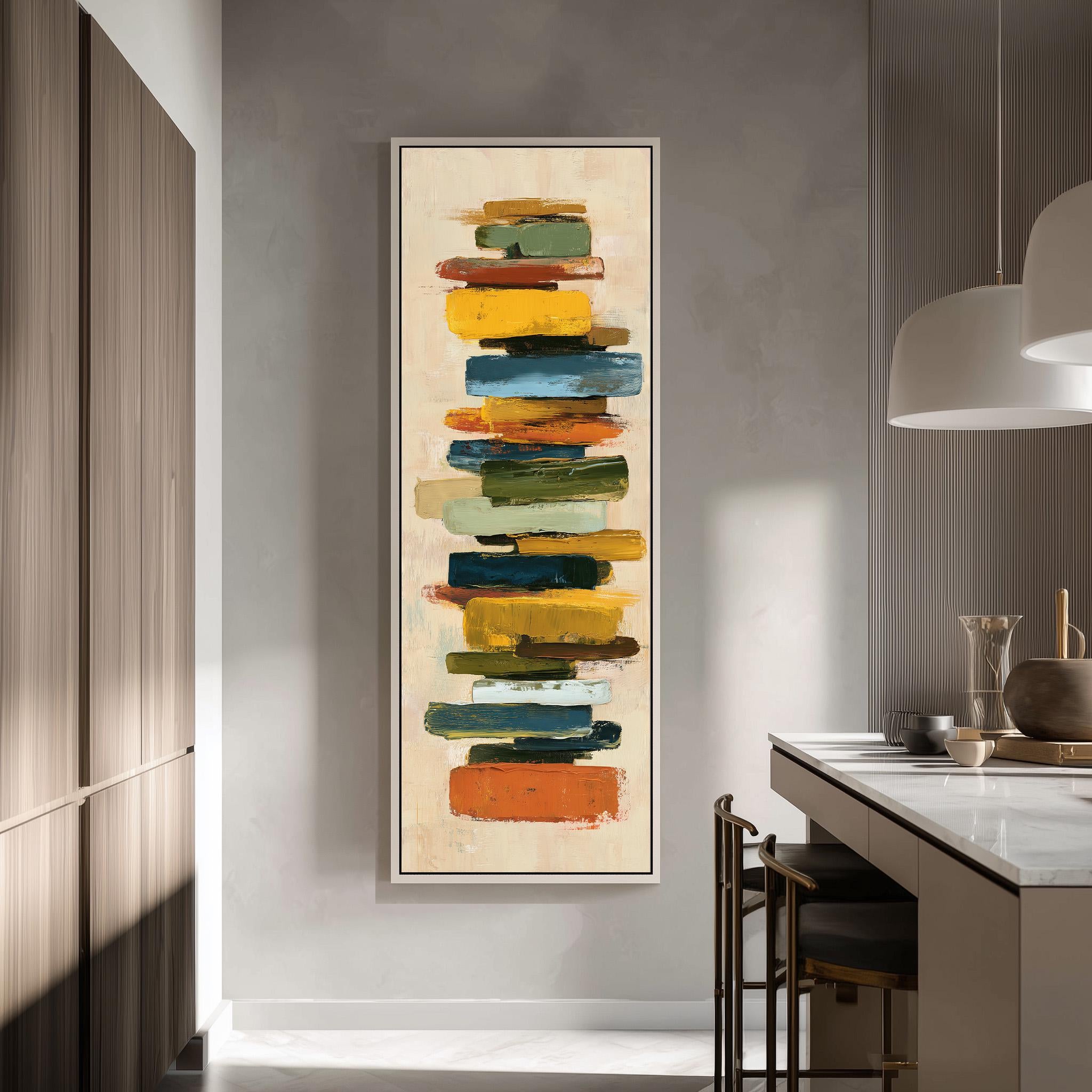 a modern kitchen with a large abstract painting hanging on the wall. The painting consists of a series of stacked horizontal lines in various colors, creating a vibrant and dynamic visual effect. The kitchen is equipped with a white countertop and a sink, and there are chairs and a table visible in the space.
