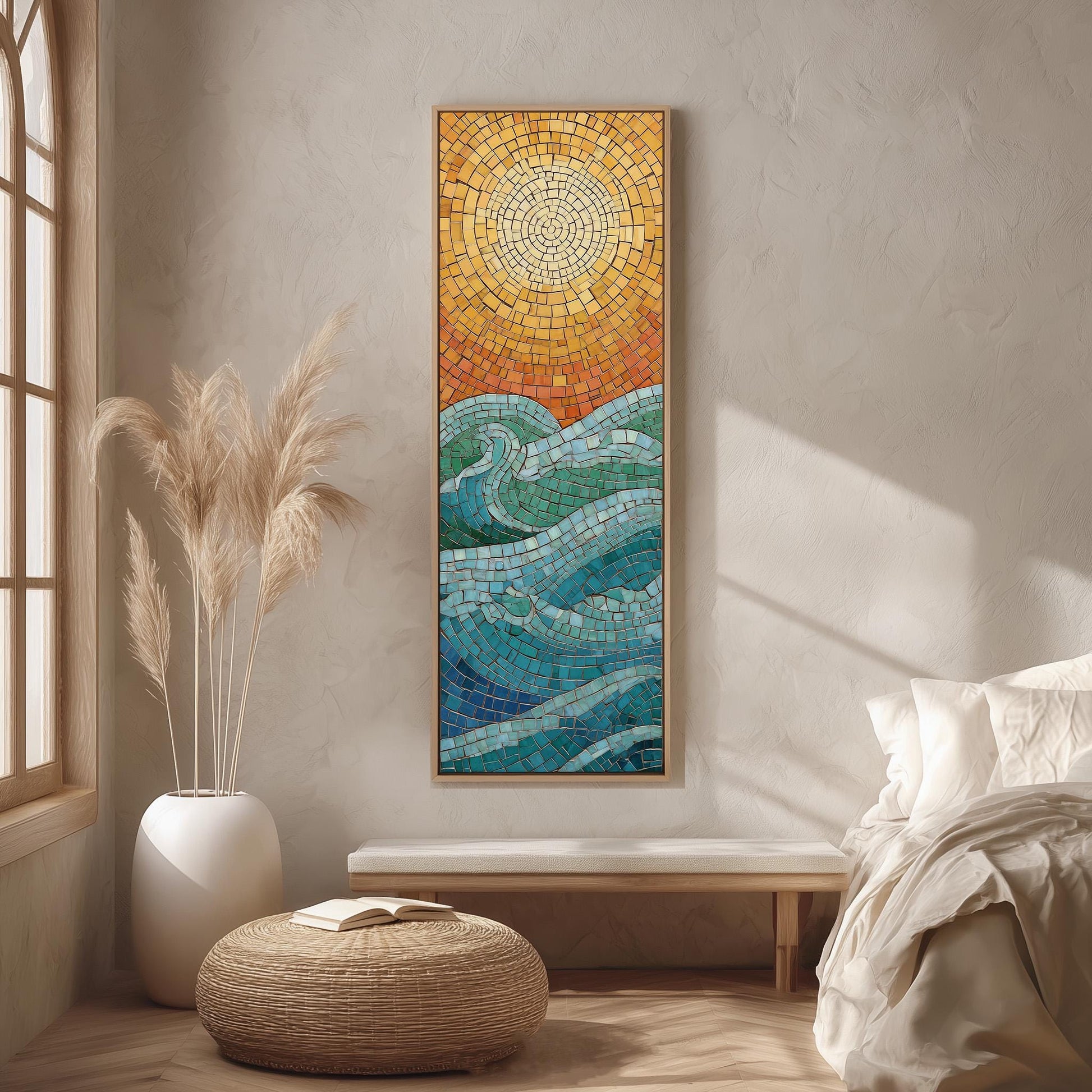 a large, colorful mosaic artwork depicting a seascape with waves and a sun in the background, hanging on a wall in a room with a bed, a potted plant, and a woven ottoman.