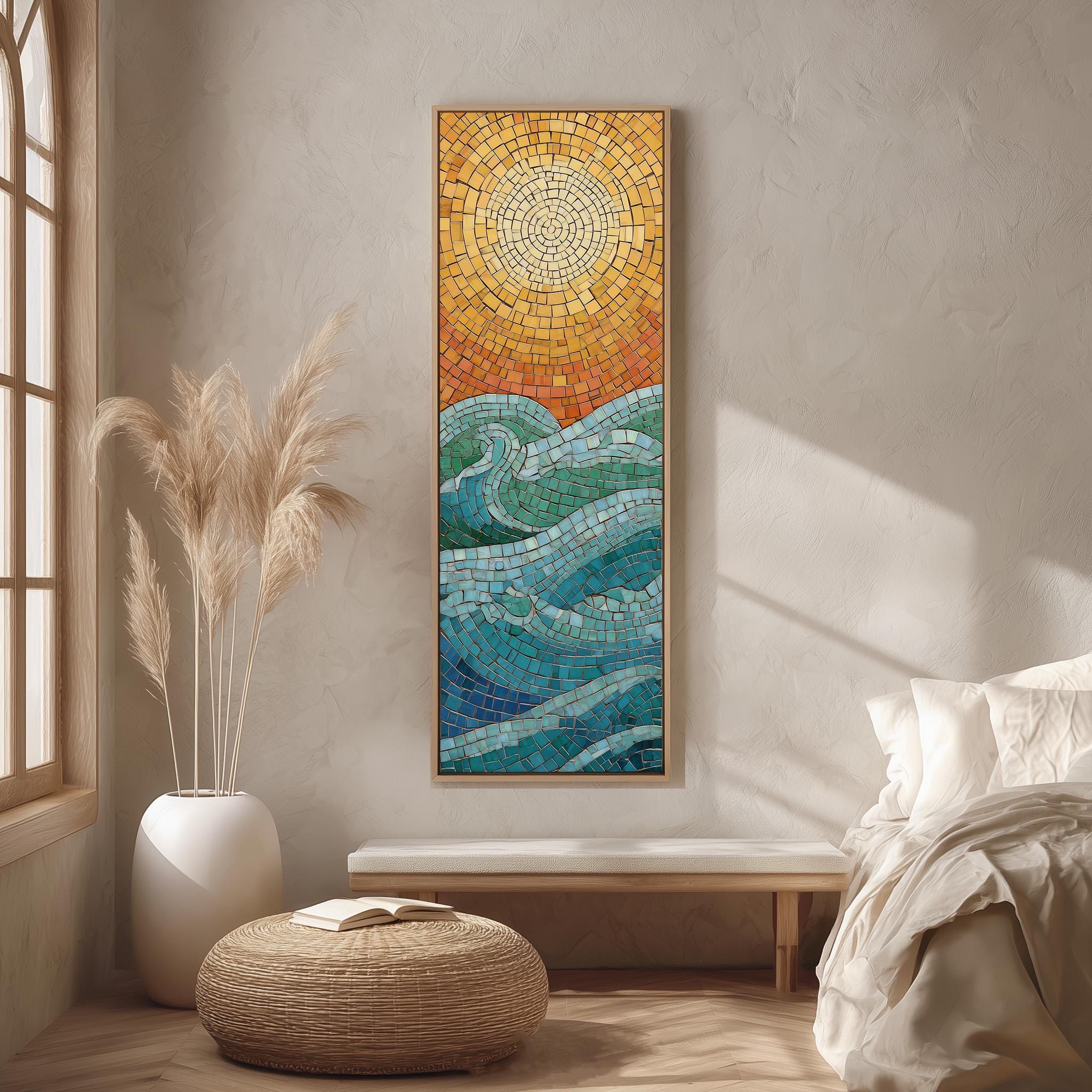 a large, colorful mosaic artwork depicting a seascape with waves and a sun in the background, hanging on a wall in a room with a bed, a potted plant, and a woven ottoman.