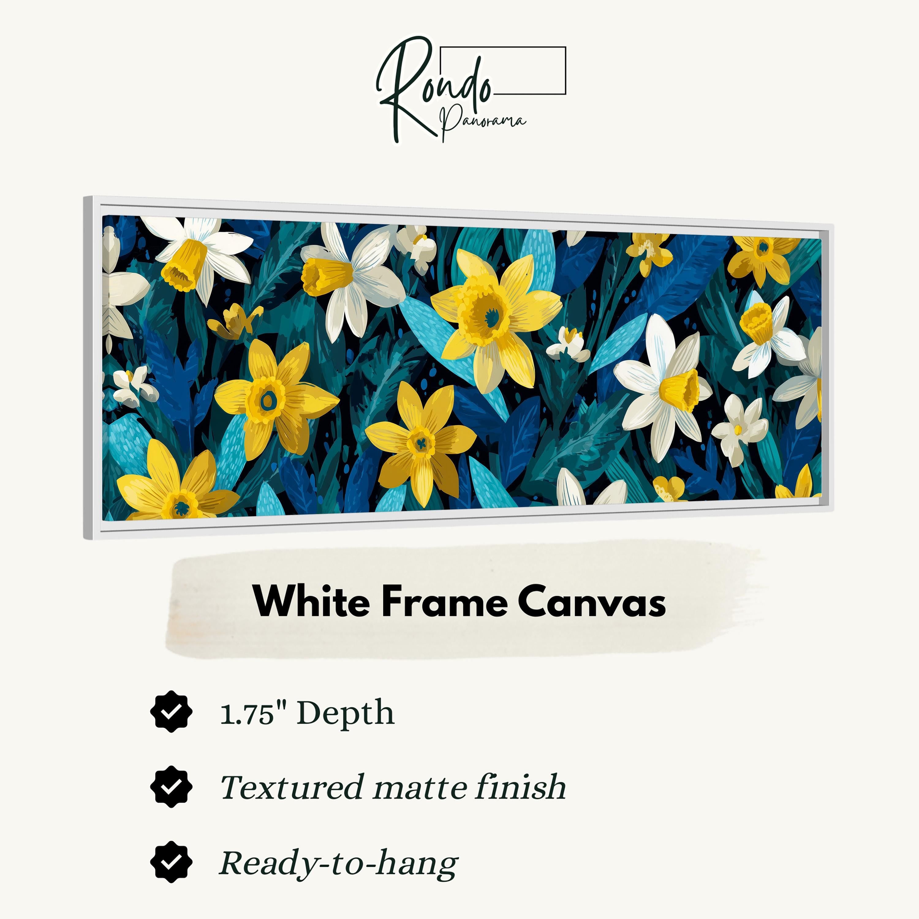The image is a white frame canvas featuring a vibrant floral pattern with yellow and white flowers against a blue and green background.