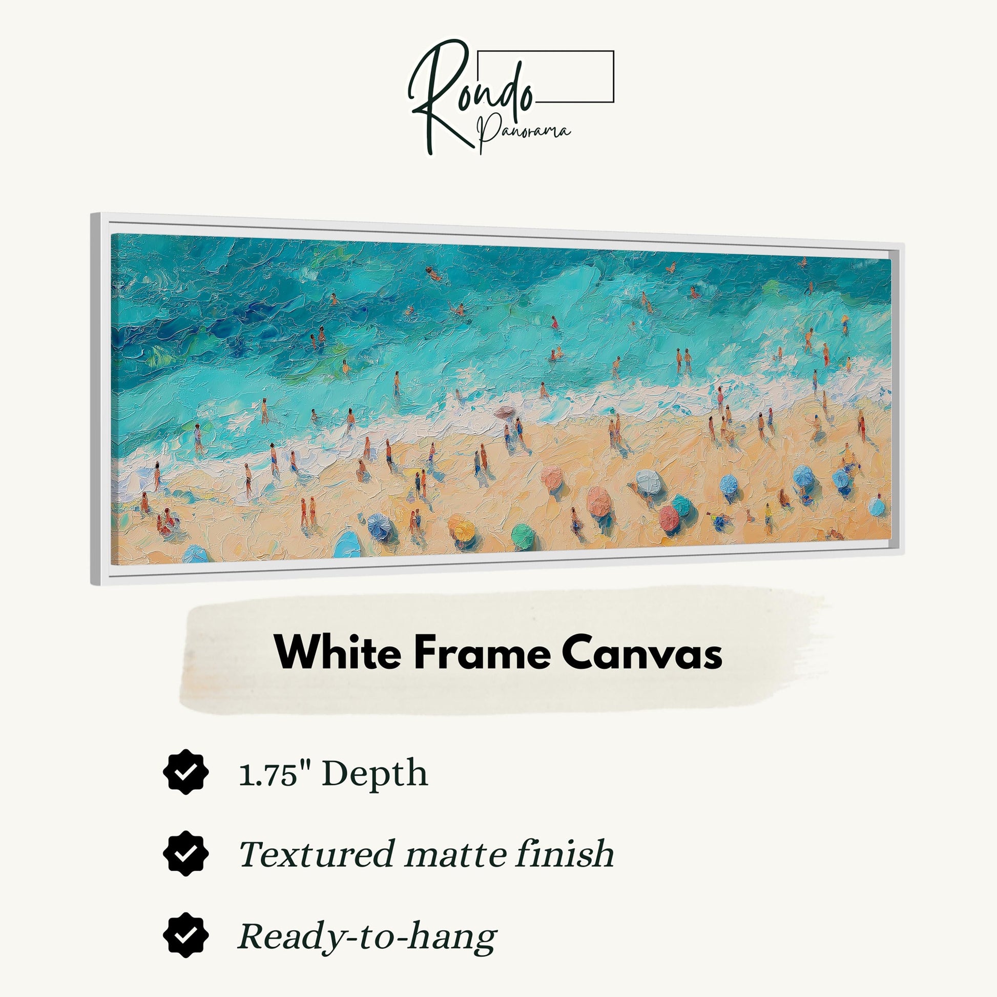 The image is a framed artwork depicting a beach scene with people and umbrellas.