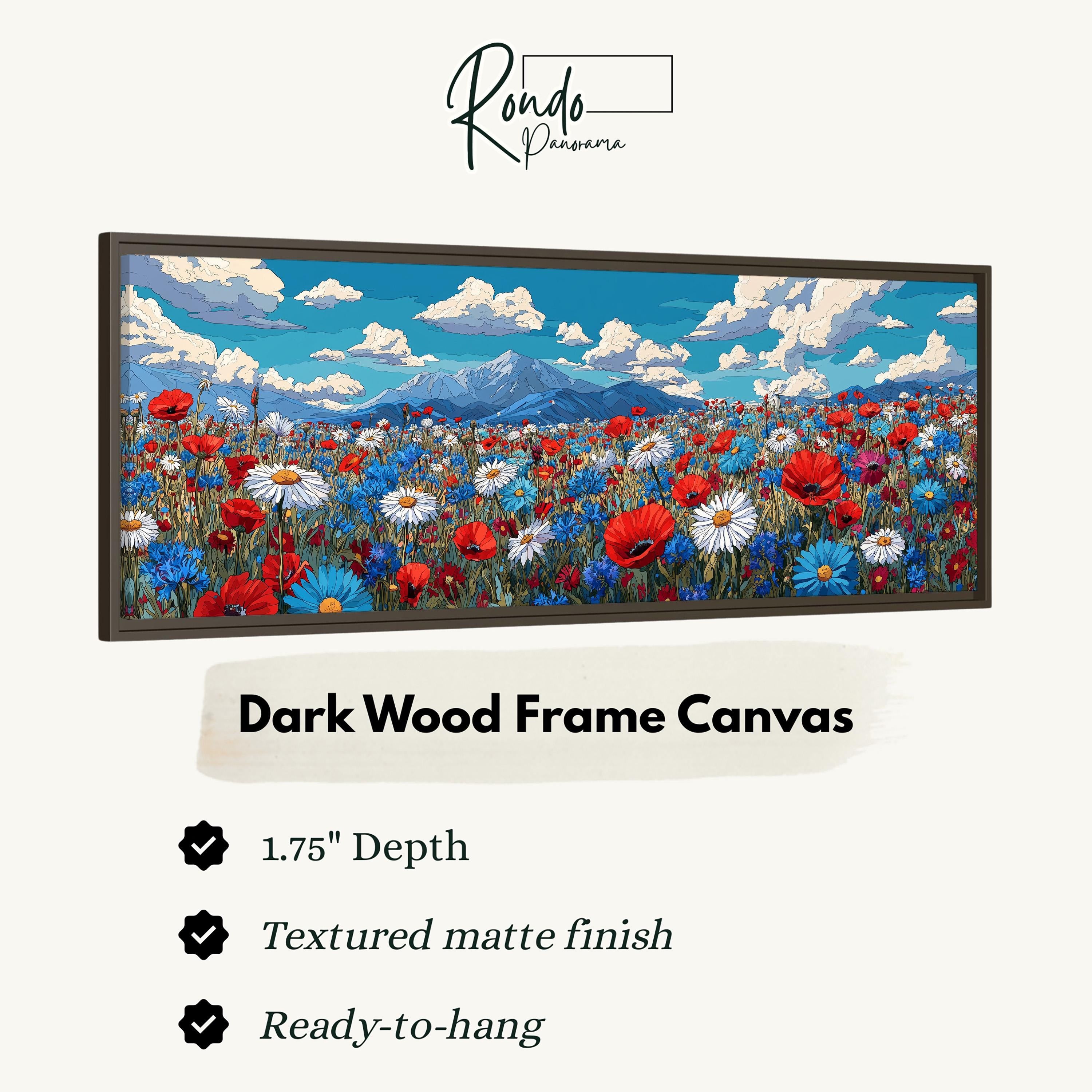 The image is a framed canvas depicting a vibrant field of flowers, including red poppies and blue and white daisies, set against a backdrop of mountains and a blue sky with clouds.