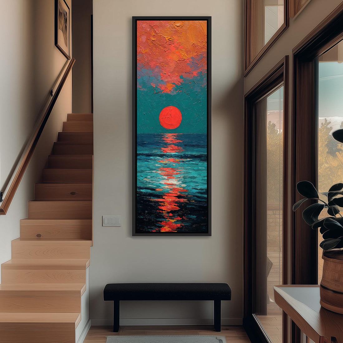 a large, colorful painting of a sunset over the ocean, hanging on the wall of a hallway.