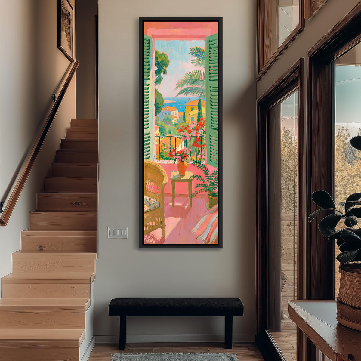 Pink balcony with flowers and a sea view tall narrow canvas print beside a staircase in an entryway