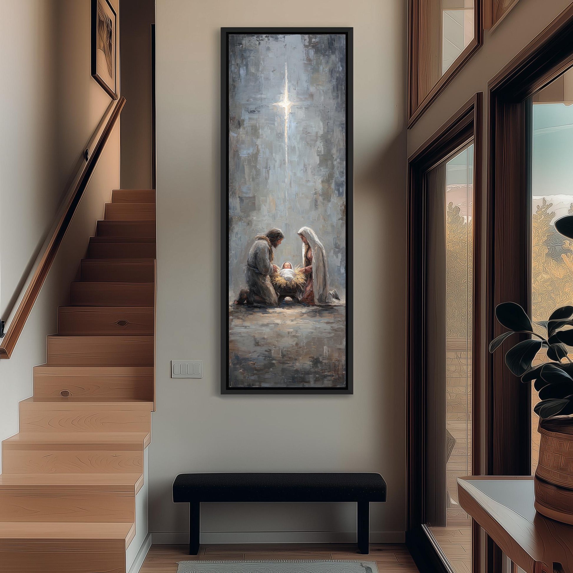 a serene indoor scene with a large painting of a man and a woman sitting on a bench, with a baby in a basket in the background. The painting is hanging on a wall, and there is a staircase visible in the background.