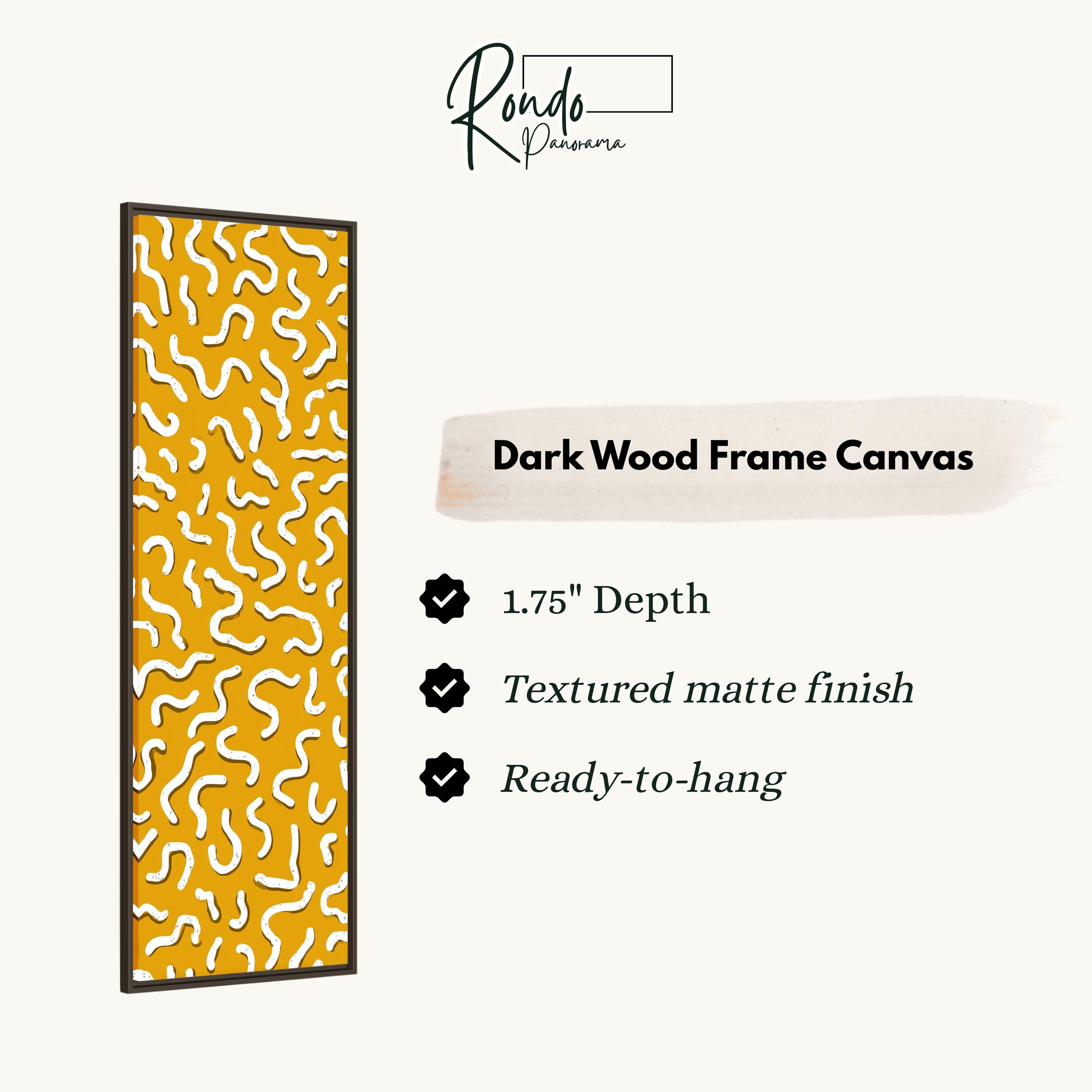 The image is a product description for a dark wood frame canvas. It features a 1.75" depth, textured matte finish, and is ready to hang.