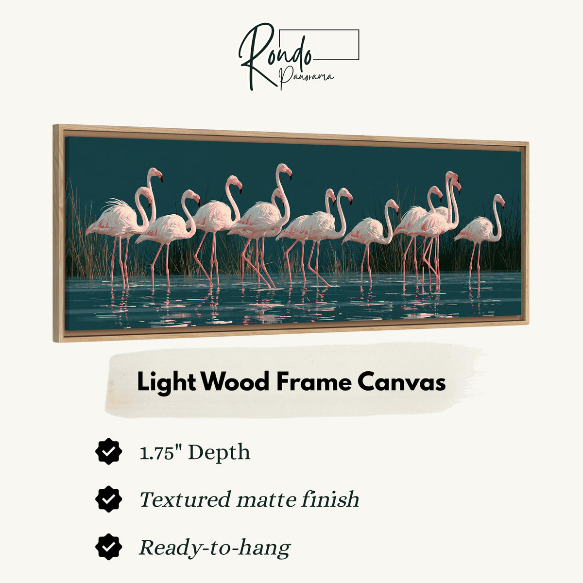 Blush pink flamingos on dark teal water canvas print in a light wood floating frame