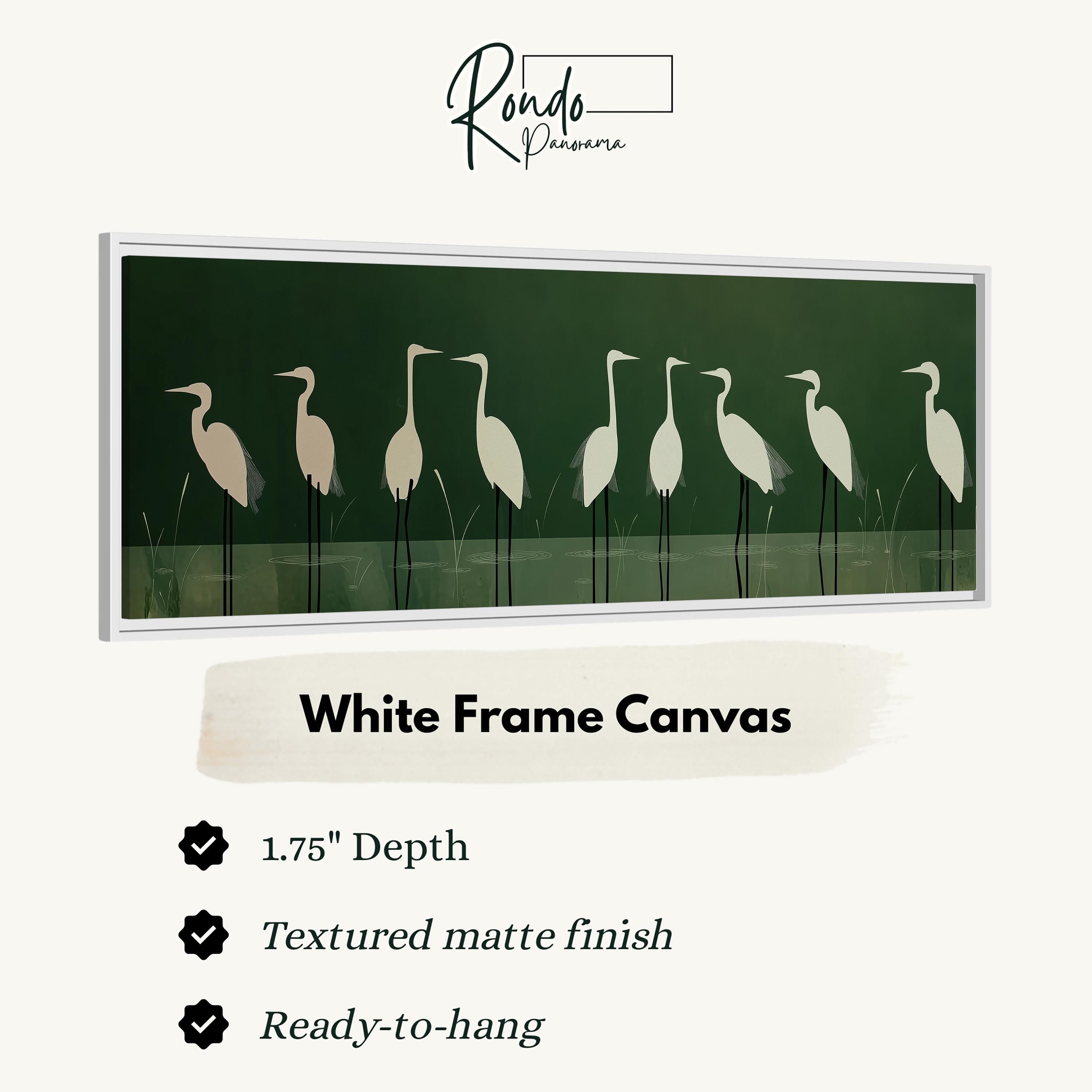 a white frame canvas with a line of white birds standing in the grass.