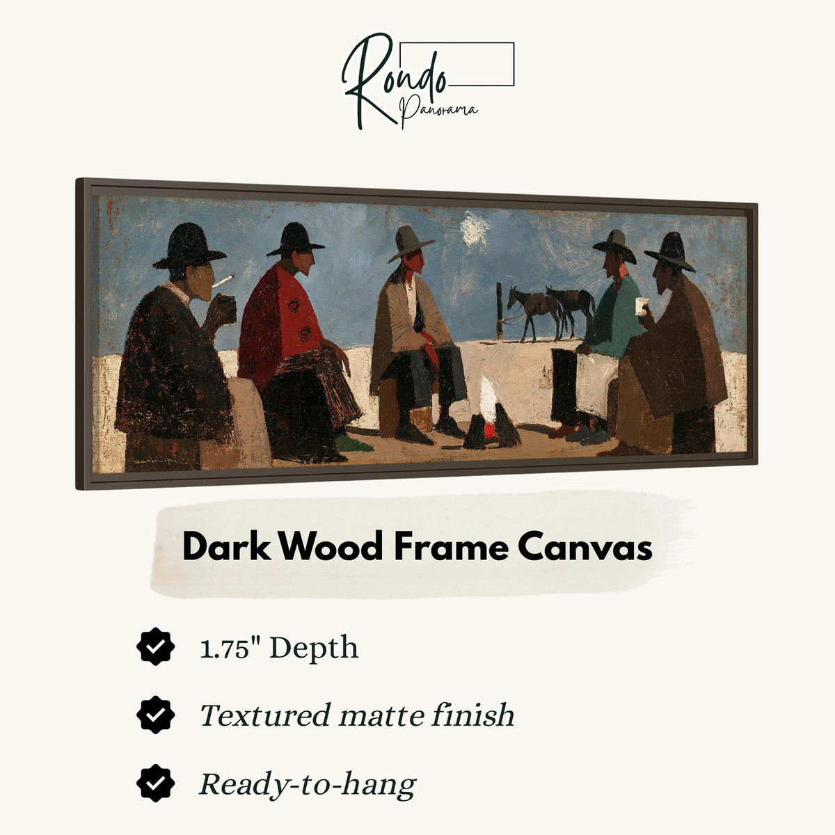Cowboys gathered around a campfire canvas print in a dark wood floating frame