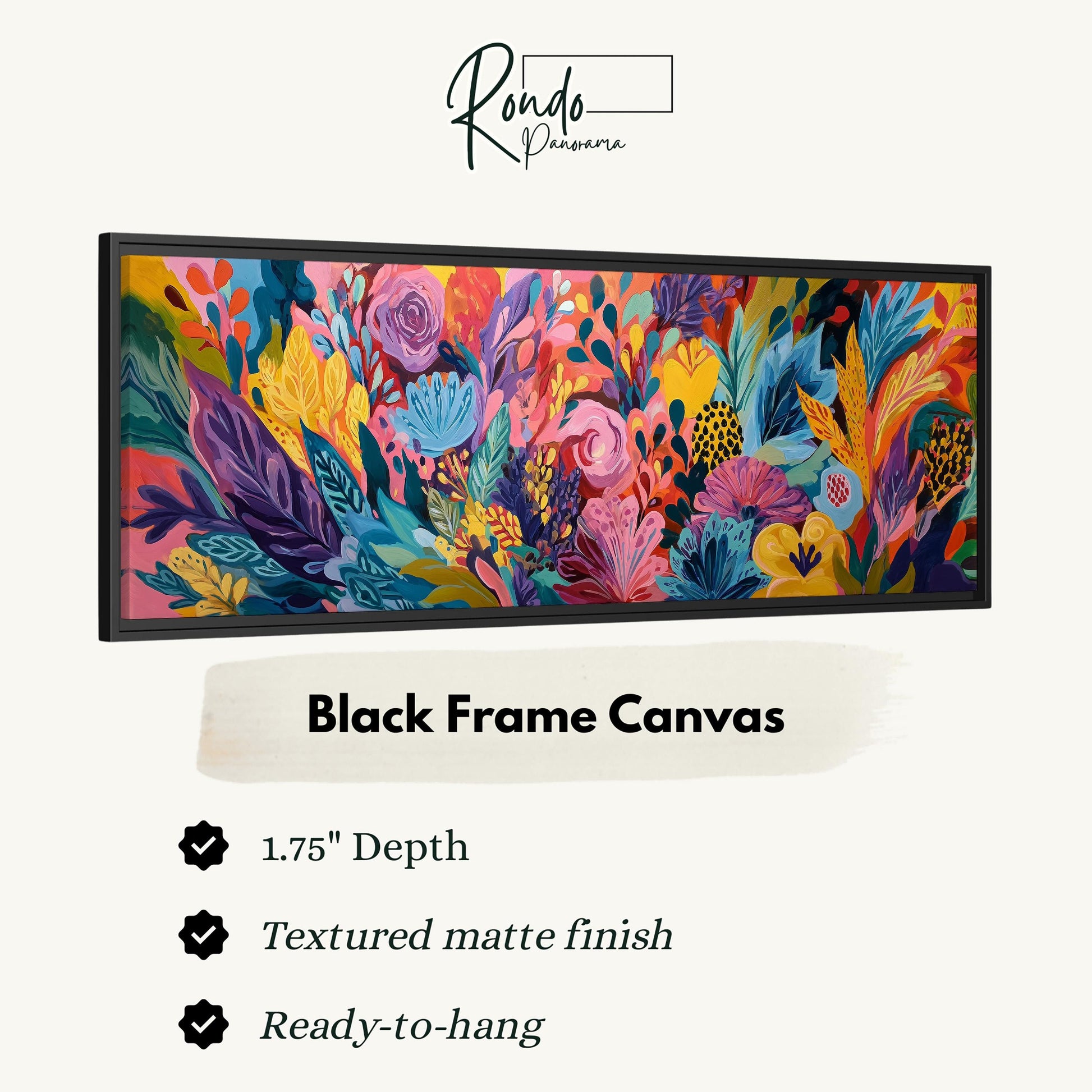The image is a black frame canvas with a vibrant, colorful floral design.