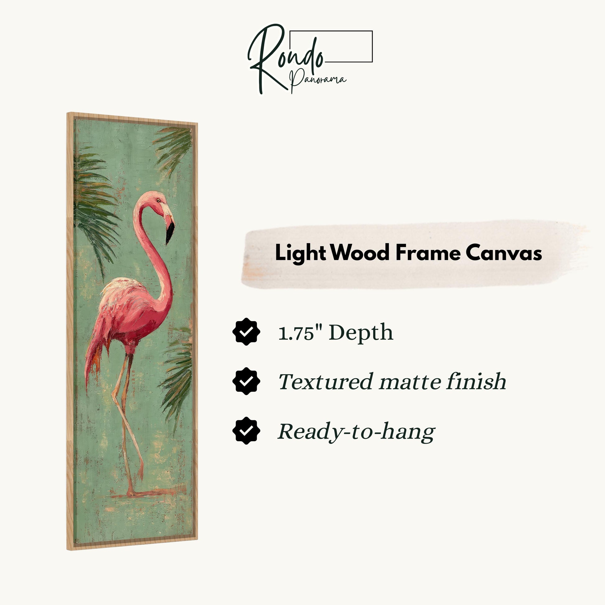 a light wood frame canvas depicting a pink flamingo standing on one leg against a green background with palm leaves.