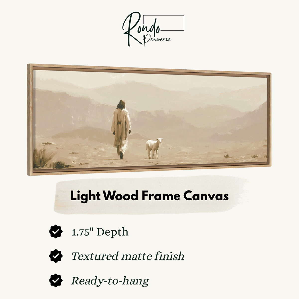 Jesus walking with a lamb through the desert canvas print in a light wood floating frame