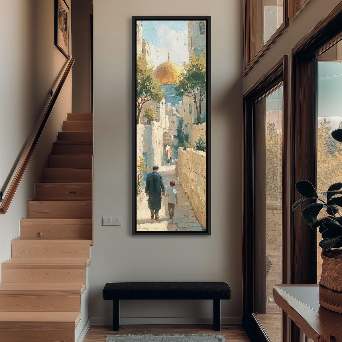 Father and child in a Jerusalem alley toward the golden dome long vertical canvas print in a bright reading corner
