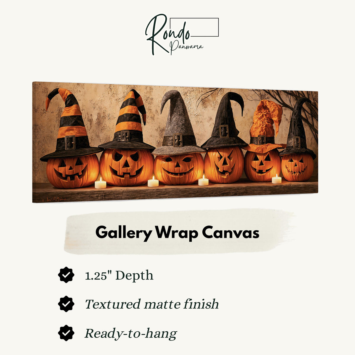 Jack-o'-lanterns wearing witch hats by candlelight gallery wrap canvas with the image wrapped around the edges