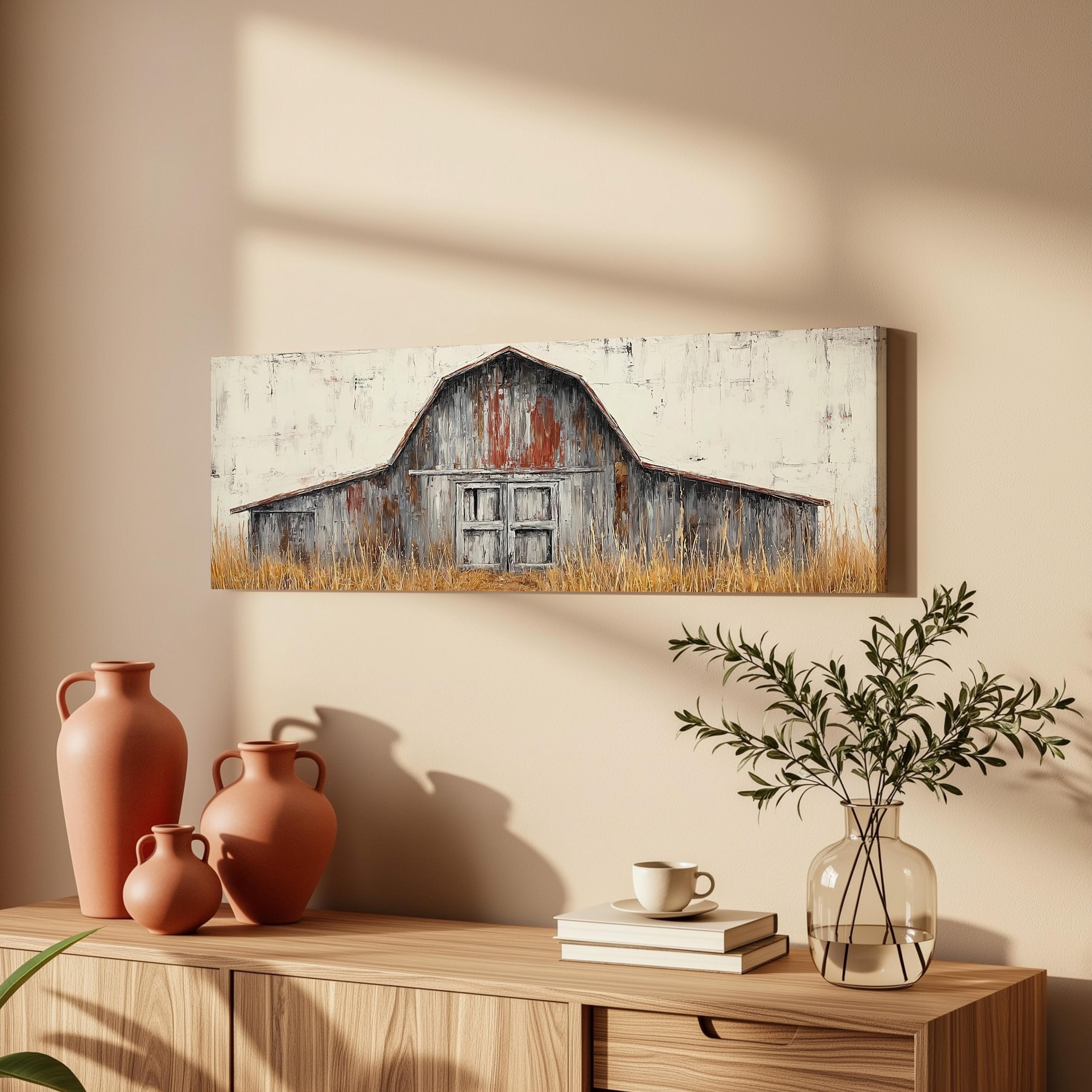 a rustic barn with a weathered wooden door and a large window, set against a light-colored wall. The barn is surrounded by a field of tall grass, creating a serene and peaceful atmosphere. The room is decorated with a wooden dresser, a vase with greenery, and a painting of the barn.