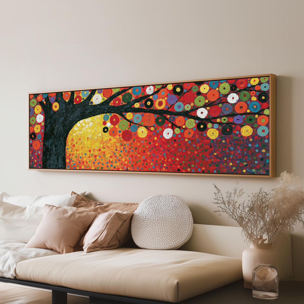 Amber tree of life in a Klimt style long horizontal canvas print above a sofa in a living room