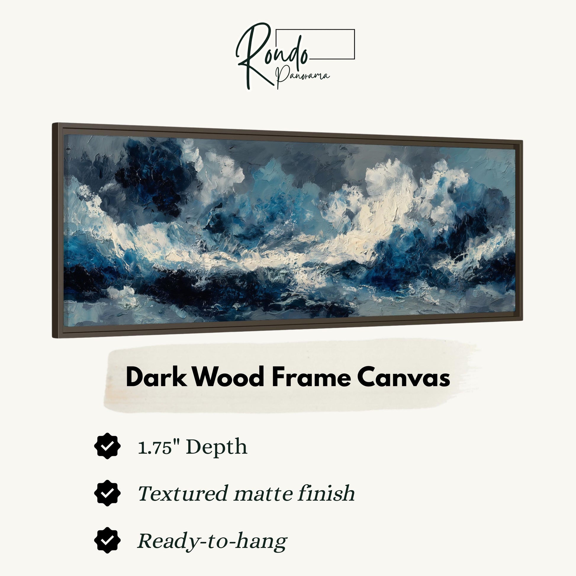The image is a dark wood frame canvas depicting a stormy ocean scene with large waves and dark blue and white colors.