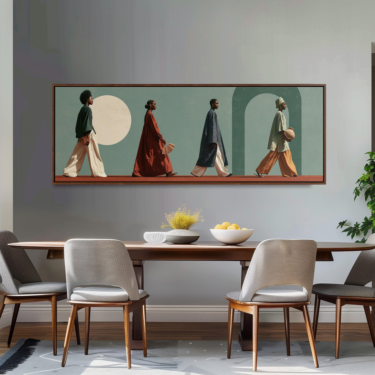 Women walking past arches and a pale moon long horizontal canvas print above a dining table