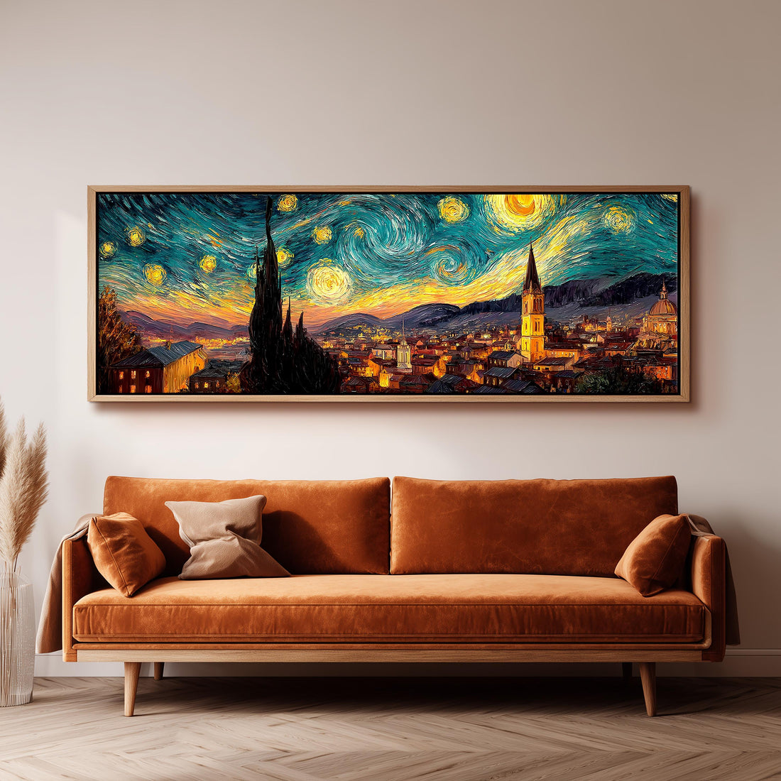 a large, colorful painting of a cityscape with a starry night sky above, hanging on a wall above a black and white checkered sofa.