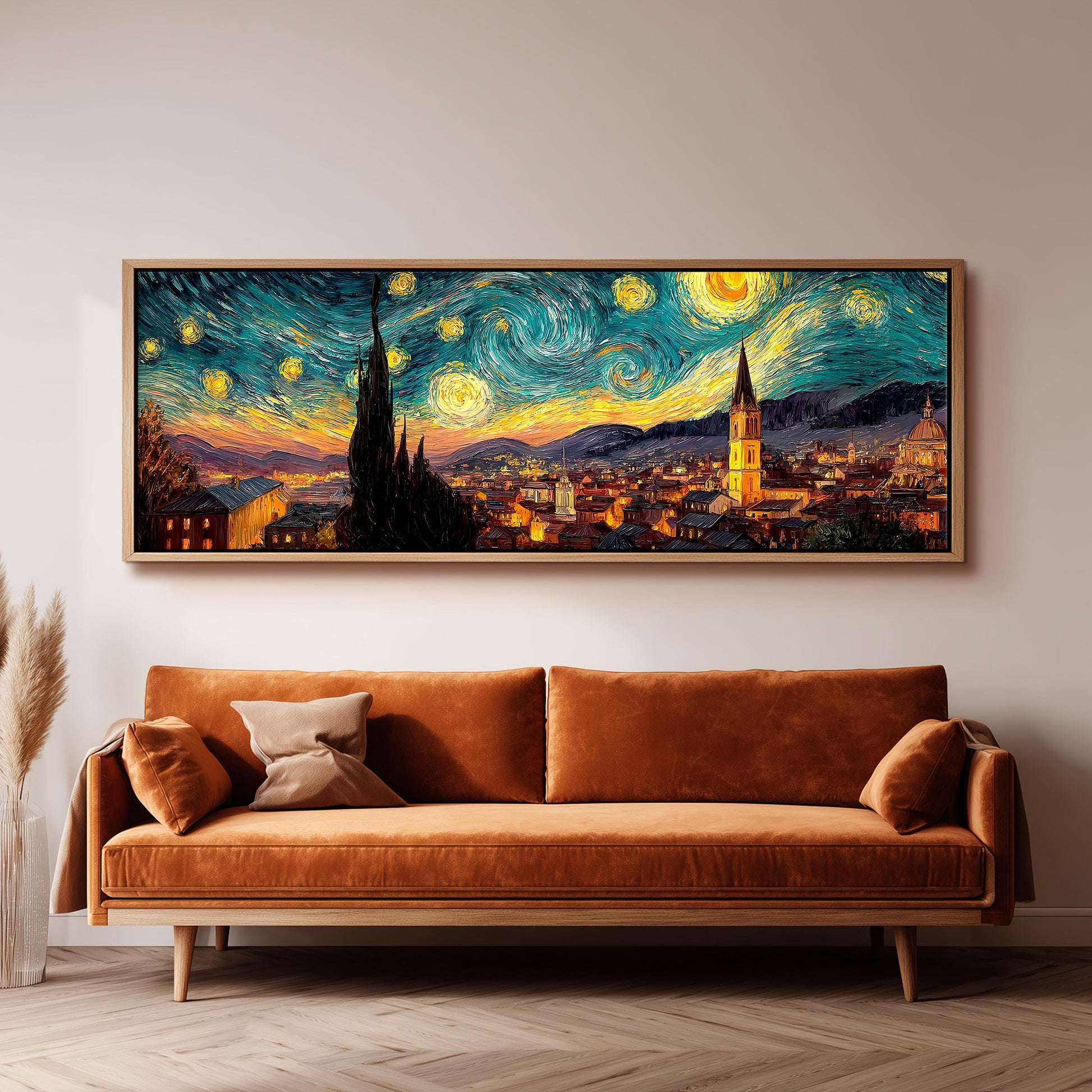 a large, vibrant painting of a cityscape with a starry night sky above, hanging on a wall above a brown sofa.