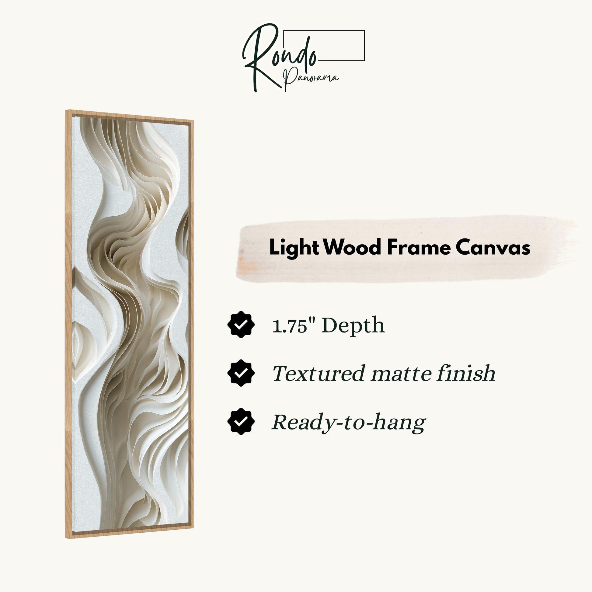 The image is a product description for a light wood frame canvas. It features a close-up of a wavy, abstract design in white and beige tones. The product has a 1.75" depth, a textured matte finish, and is ready to hang.