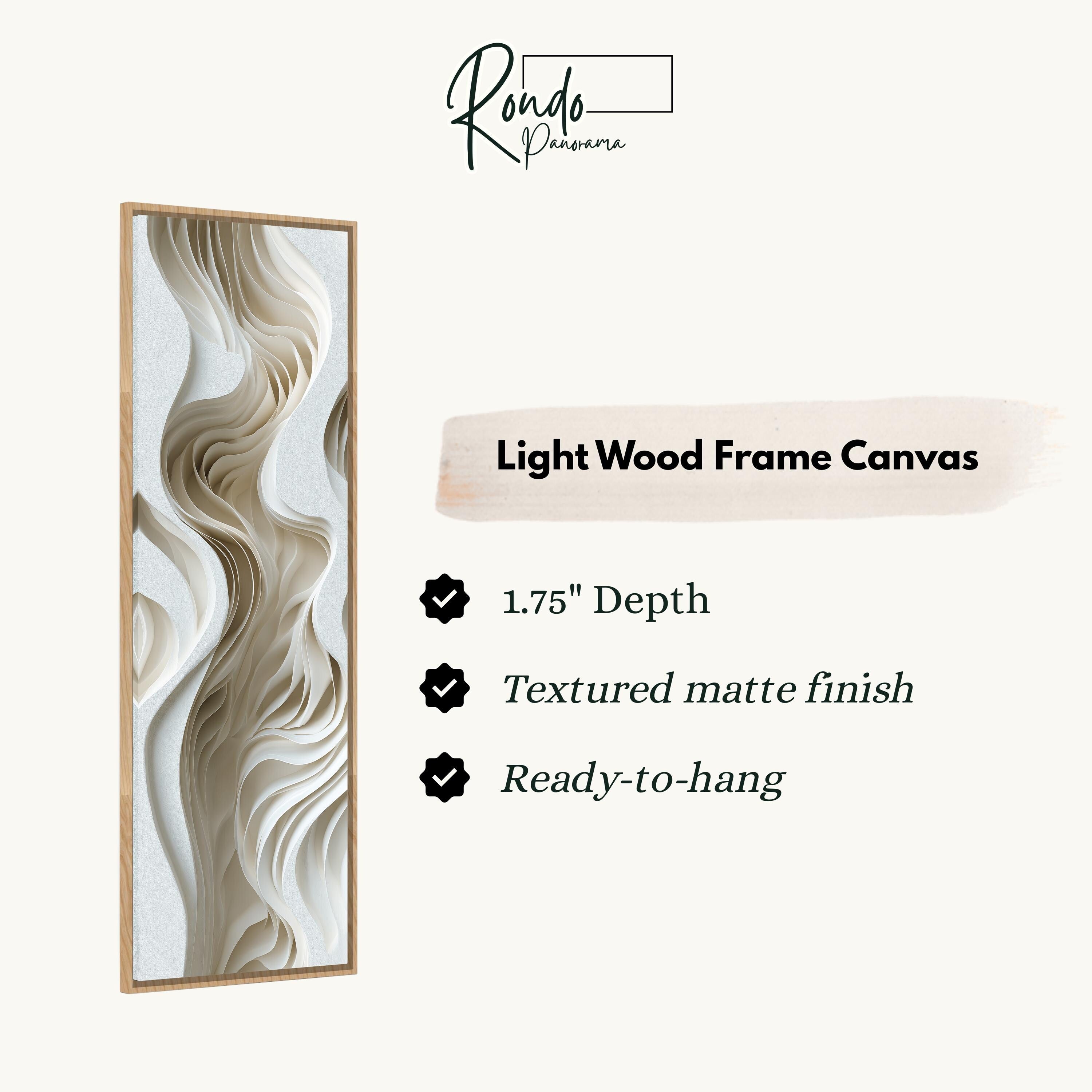 The image is a product description for a light wood frame canvas. It features a close-up of a wavy, abstract design in white and beige tones. The product has a 1.75" depth, a textured matte finish, and is ready to hang.
