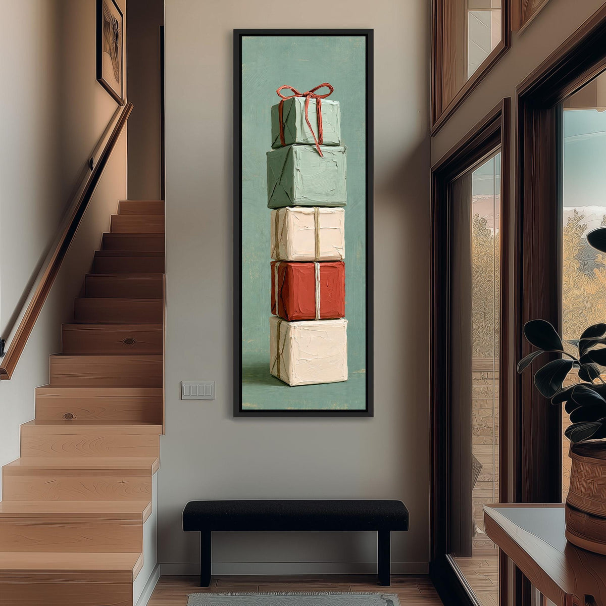Stack of wrapped gifts with a red bow long vertical canvas print in a bright reading corner