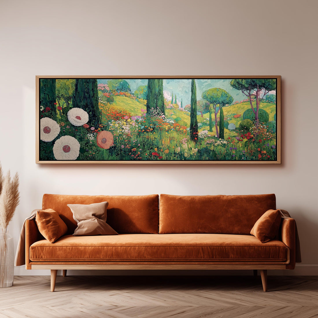a large, vibrant painting of a lush, colorful garden hanging on a wall above a brown sofa.