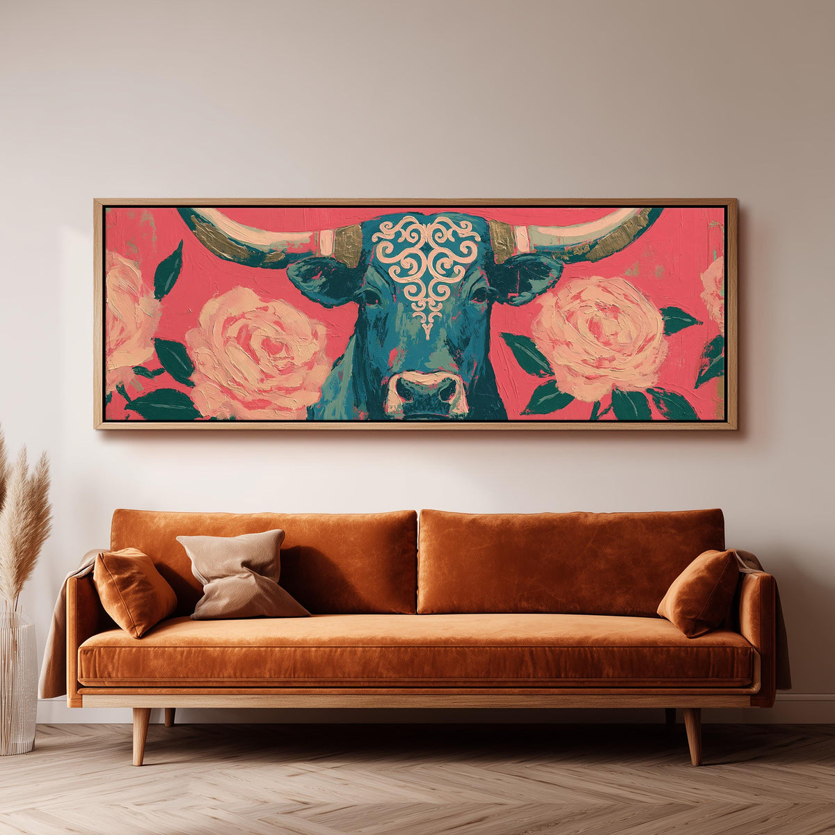 Longhorn with pink roses long horizontal canvas print above a sofa in a living room