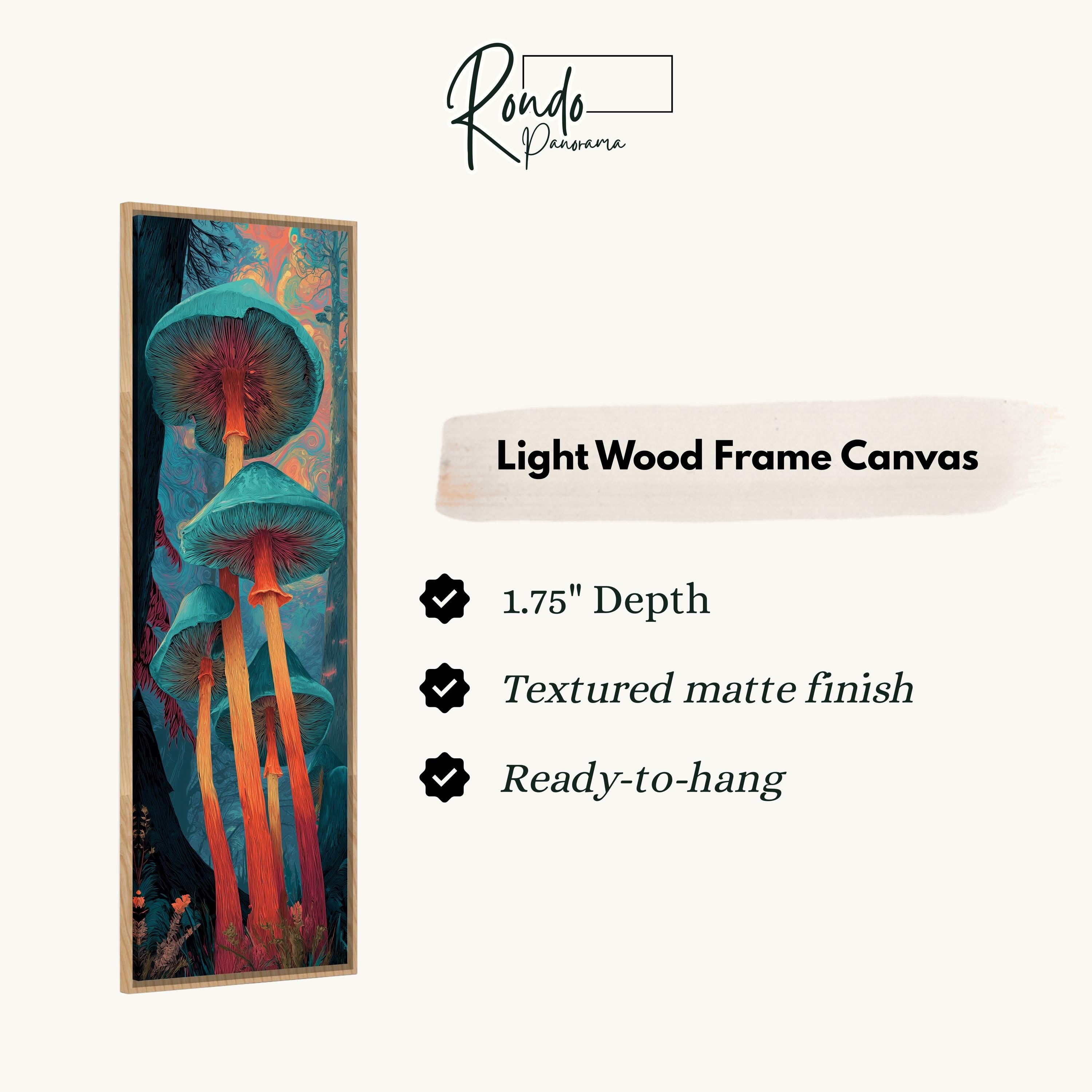 The image is a vertical frame canvas depicting a group of colorful mushrooms.