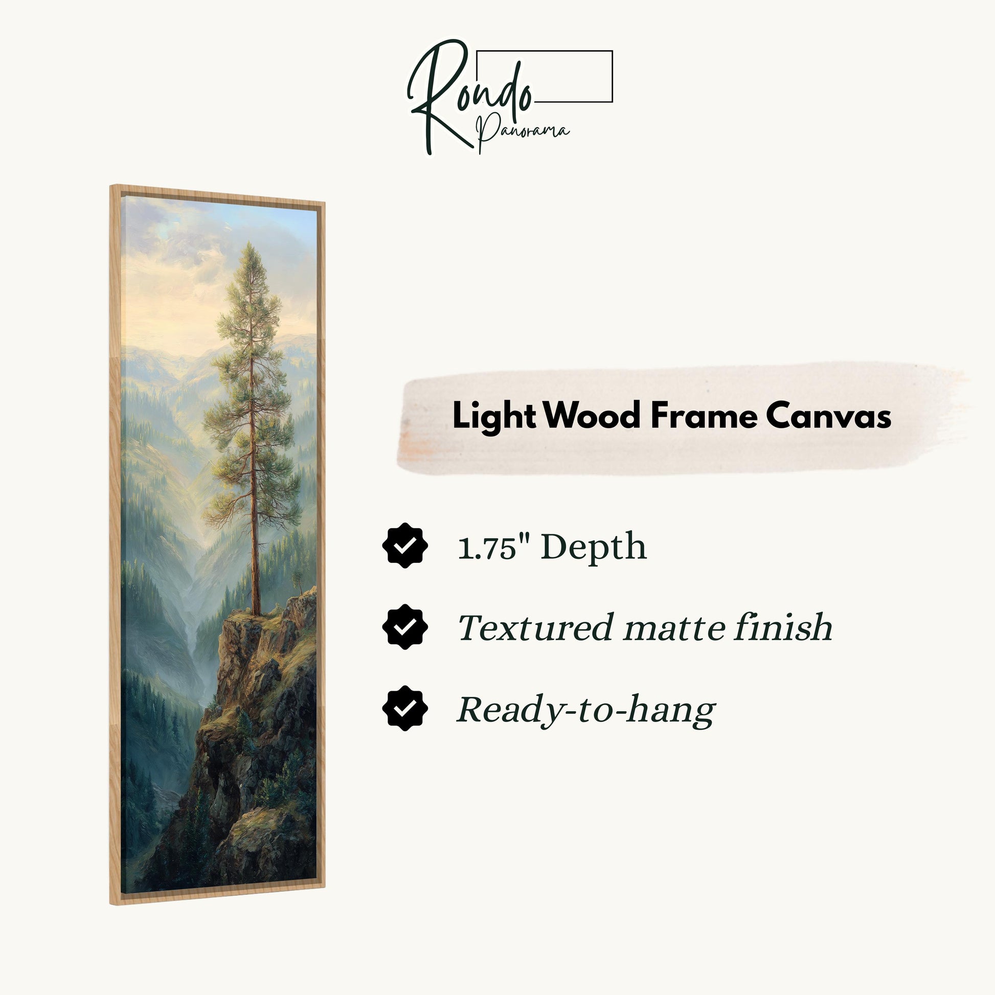 The image is a light wood frame canvas depicting a tall tree on a cliff, with mountains in the background.