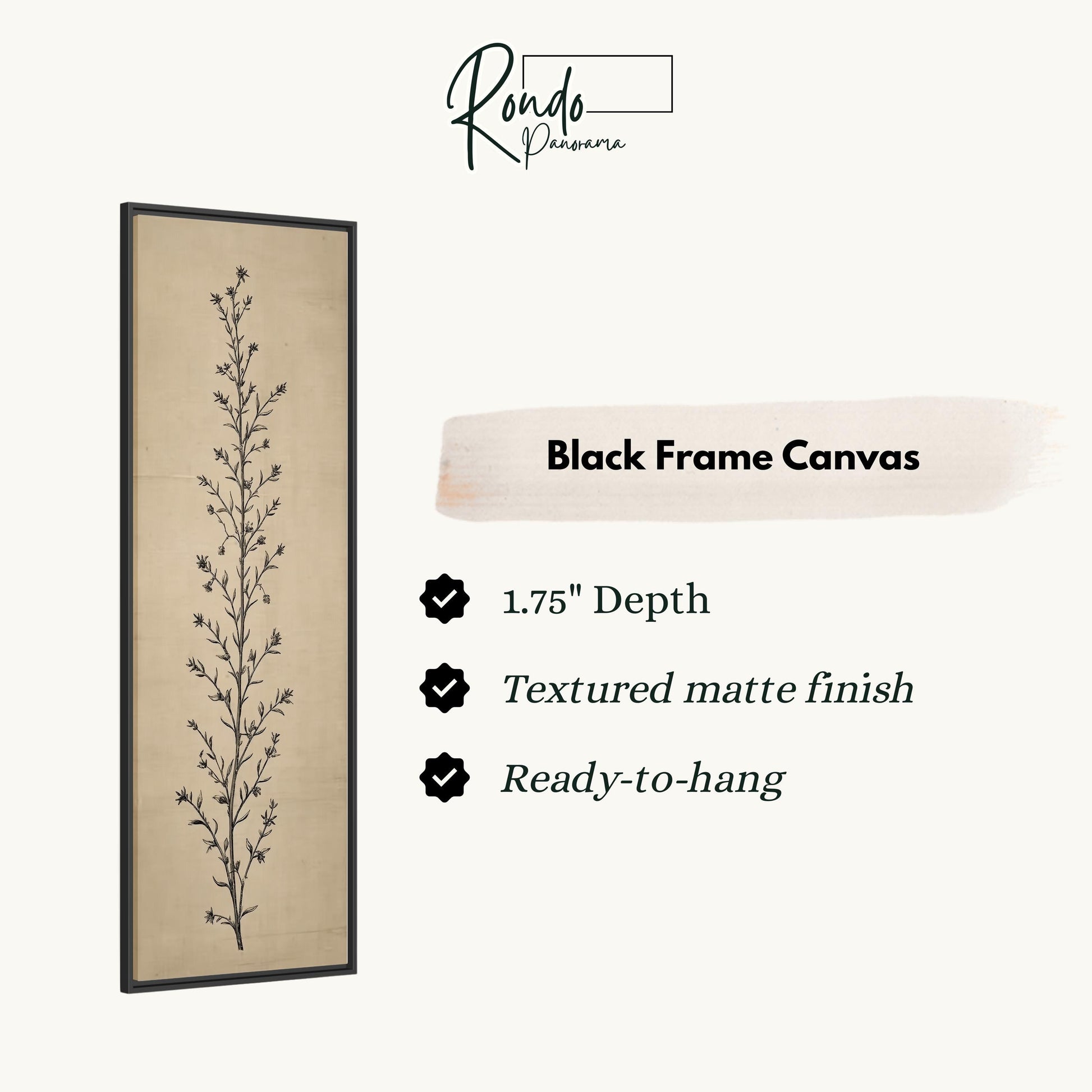 The image is a product description for a black frame canvas. It features a vertical black and white plant illustration and provides details about the product, including its dimensions, finish, and hanging capabilities.