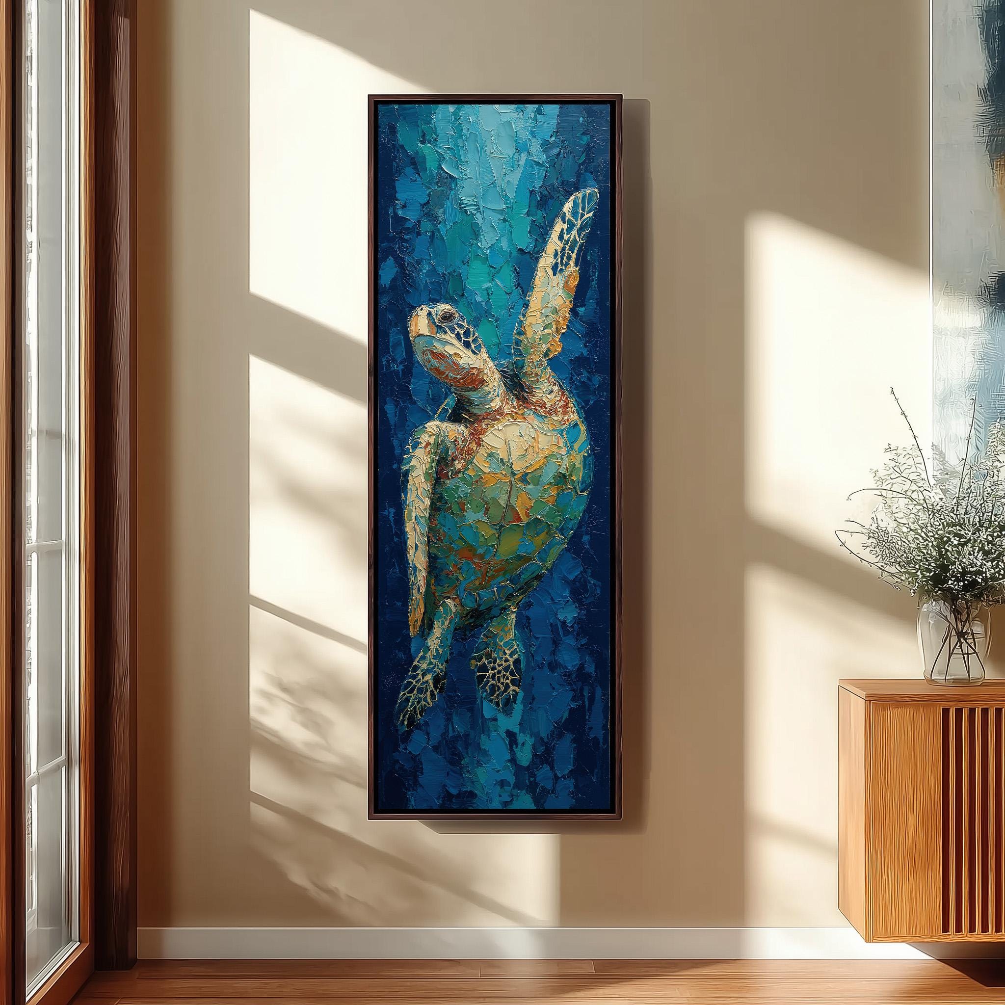 a large painting of a colorful sea turtle hanging on a wall in a room with a wooden cabinet and a vase of flowers.