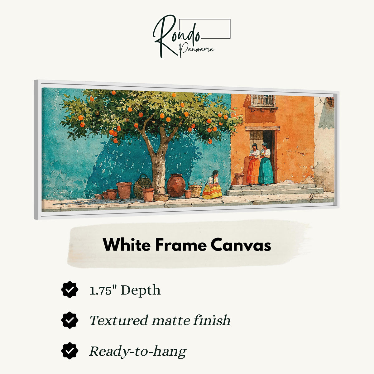 Orange tree on a colorful village street canvas print in a white floating frame